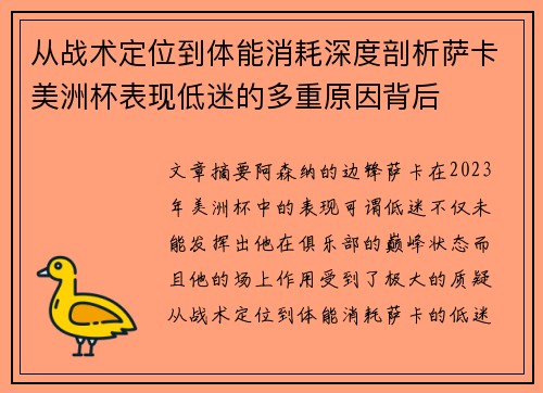 从战术定位到体能消耗深度剖析萨卡美洲杯表现低迷的多重原因背后